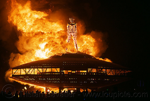 burning man - the man burns, burning man at night, fire, night of the burn, the man