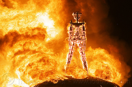 burning man - the man burns, burning man at night, fire, night of the burn, the man