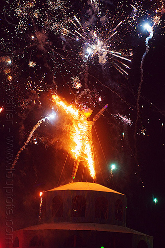 burning man - the man on fire, burning man at night, fire, fireworks, night of the burn, pyrotechnics, the man