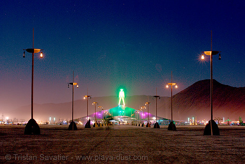 burning man - the man, shortly before it was set ablaze by an arsonist, burning man at night, first man, lamp poles, pavillion, the man