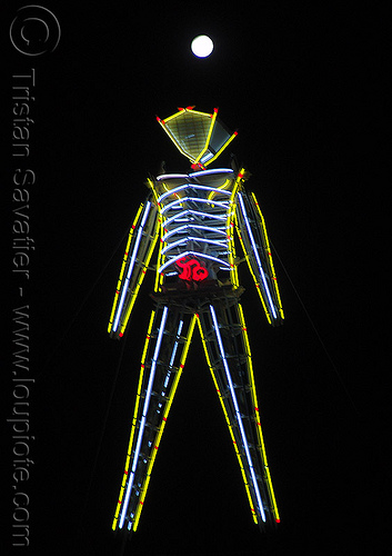 burning man - the man under the full moon, burning man at night, full moon, neon, the man, yellow