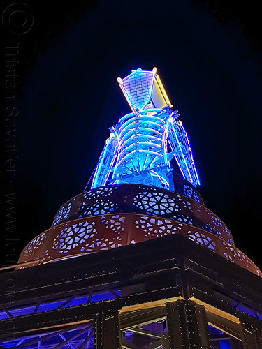 burning man - the man with blue neons, burning man at night, glowing, neons, the man