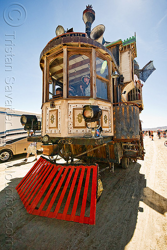 burning man - the neverwas haul speampunk art car, art car, burning man art cars, cattle guard, mutant vehicles, neverwas haul, steampunk, victorian