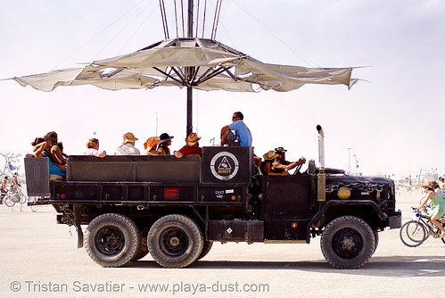 burning man - the nimby truck, 4x4 trucks, 6x6, all-terrain, army trucks, art car, burning man art cars, lorry, m35a1, military trucks, mutant vehicles, nimby, not in my back yard, parasol, truck, umbrella