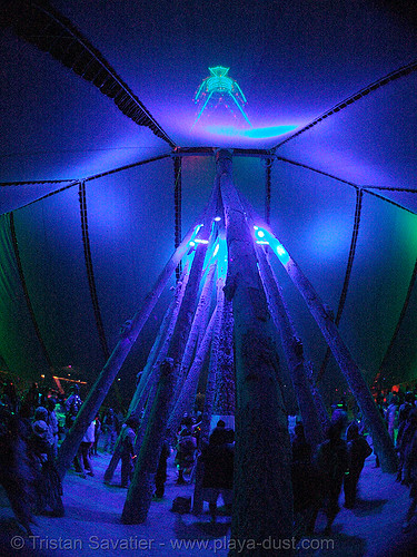 burning man - the pavillon under the man, blue, burning man at night, first man, glowing, pavillion, the man