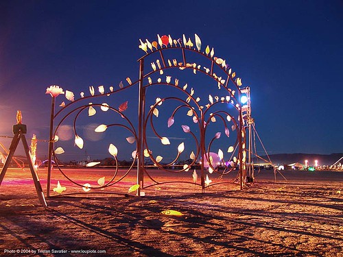 burning man - the pearly gates by rodman miller, art installation, burning man at night, rodman miller, the pearly gates