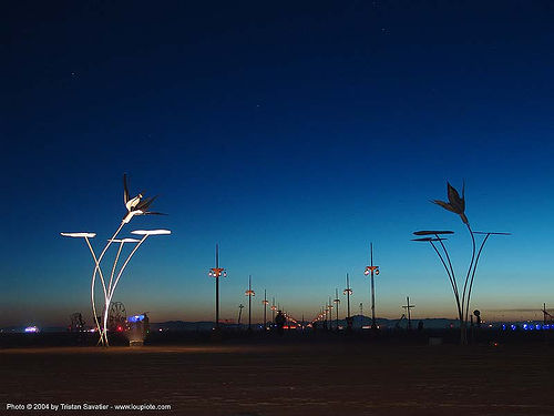 burning man - the playa before dawn after the burn, art installation, burning man at night