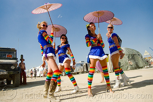 burning man - the rainbow brite's - girls with rainbow tights and japanese umbrellas, attire, burning man outfit, cosplay, japanese umbrellas, rainbow brites, rainbow colors, rainbow stockings, rainbow tights, women