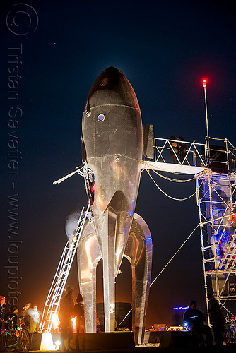 burning man - the raygun gothic rocket at night, art installation, burning man at night, launch pad, raygun gothic rocket, raygun rocket, space ship