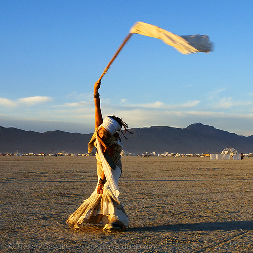 burning man - the silent white procession, dawn, flag, white morning