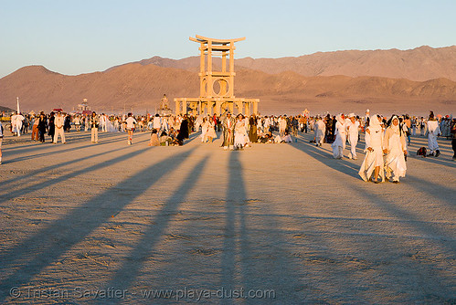 burning man - the silent white procession - temple of forgiveness, burning man temple, dawn, temple of forgiveness, white morning