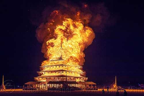 burning man - the temple ablaze, burning man at night, burning man temple, fire