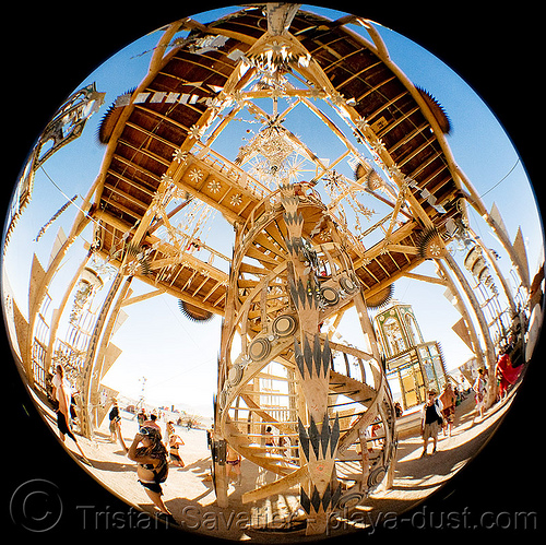 burning man - the temple - basura sagrada, basura sagrada, burning man temple, circular fisheye lens, circular stairs, spiral stairs, stairwell