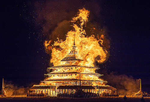 burning man - the temple burning, burning man at night, burning man temple, fire
