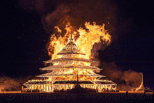 burning man - the temple burns, burning man at night, fire