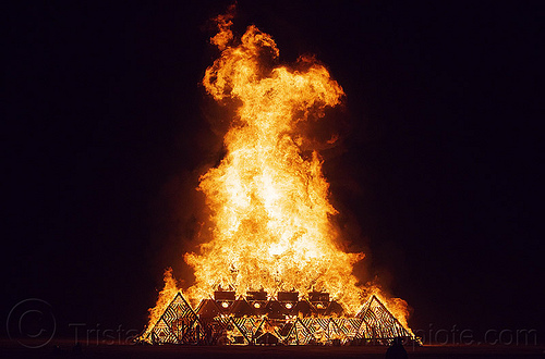 burning man - the temple fire, burning man at night, burning man temple, fire, temple of whollyness, wooden pyramid