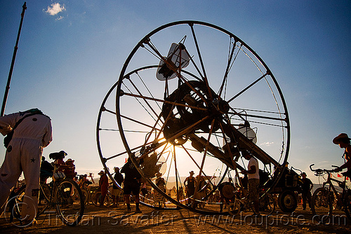 burning man - the time cycle - sunset, art car, backlight, burning man art cars, ferris wheel, homer wells, mutant vehicles, time cycle