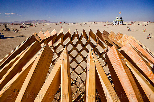 burning man - the top of the wooden egg, art installation, c.o.r.e., circle of regional effigies, core project, opalessence, wooden egg, wooden frame