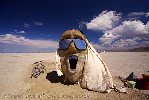 burning man - the warning!, art installation, bicycle, bike, giant head, sunglasses, the warning!