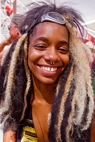 burning man - toni with black and blond dreadlocks, dreadlocks, nose piercing, septum piercing, toni, woman