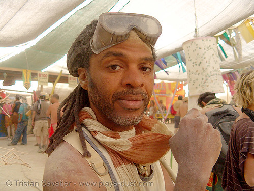 burning man - tony, surviving the dust storm in center camp, attire, burning man outfit, dust storm, goggles, tony