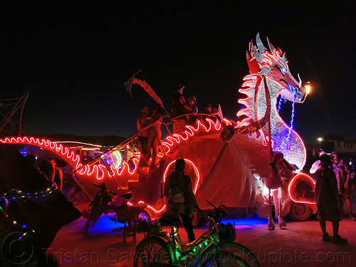 burning man - torch dragon art car, burning man art cars, burning man at night, glowing, mutant vehicles, torch dragon art car