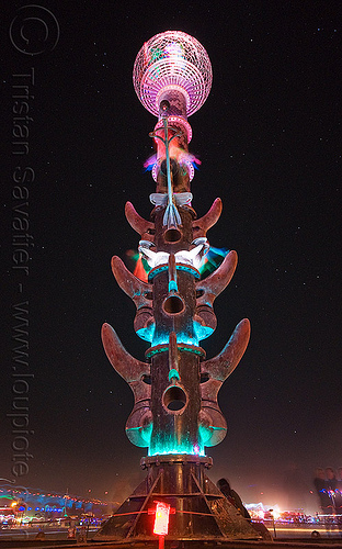 burning man - tower at night, art installation, bryan tedrick, burning man at night, led lights, stars, the minaret, tower