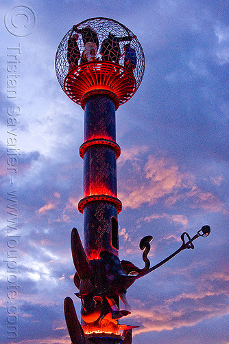burning man - tower with red LED lighting, art installation, bryan tedrick, cage, clouds, cloudy, dusk, led lights, red, sculpture, the minaret, tower