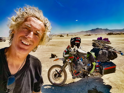 burning man - tristan savatier - klr 650, klr 650, luggage, man, motorcycle, overloaded, packed, selfie, selfportrait