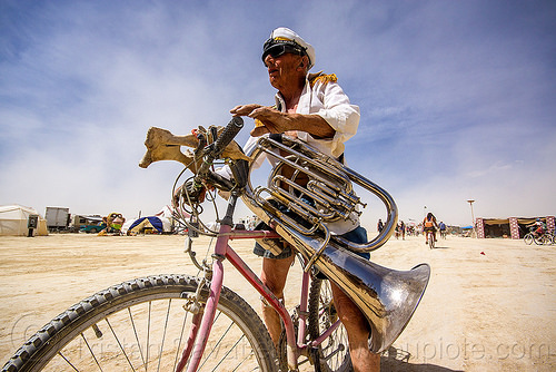 burning man - tuba player - burning band, bicycle, burning band, cap, man, marching band, music, musical instrument, musician, riding, tuba player, white uniform