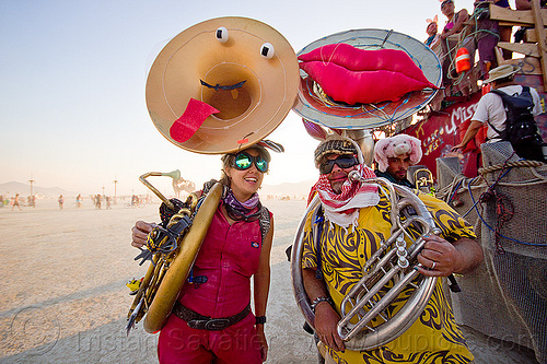 burning man - tuba players, bunny ears, man, marching band, musicians, sousaphones, tuba players, tubas, woman