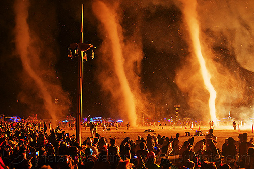 burning man - twisters and flying embers, burning man at night, crowd, dust devils, embers, fire twisters, firenado, night of the burn