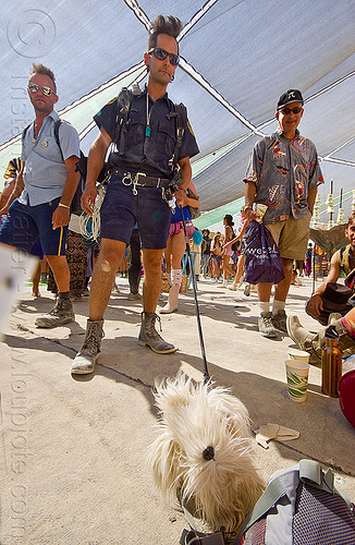 burning man - u.s. customs and border patrol officer with drug sniffing dog, attire, bag, border patrol, burning man outfit, cop, costume, detection dog, law enforcement officer, leash, leo, performance, police uniform, poodle, shorts, sniffer dog, sunglasses, u.s. customs and border protection