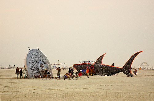 burning man - ufo crash site alpha 13, burning man art cars, crash site alpha 13, crashed, dusk, fish art car, flying saucer, mutant vehicles, shark art car, ufo crash site