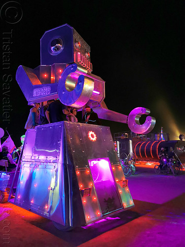 burning man - unidentified robot art car, burning man art cars, burning man at night, glowing, mutant vehicles, robot art car, unidentified art car