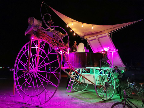 burning man - unidentified tricycle art car, burning man art cars, burning man at night, glowing, mutant vehicles, trike, unidentified art car