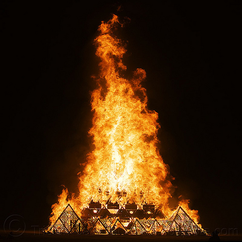 burning man - up in smoke! - temple of whollyness, burning man at night, burning man temple, fire, temple of whollyness, wooden pyramid