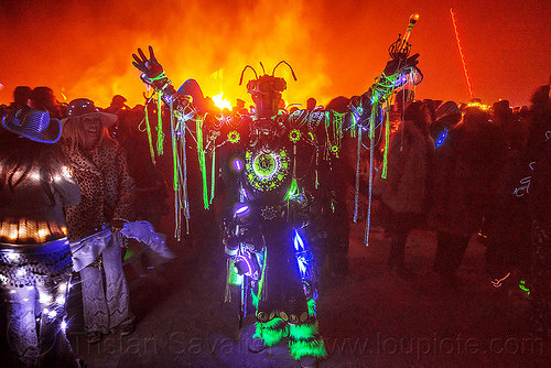 burning man - uv glow costume, aaron rockwell, attire, burning man at night, burning man outfit, costume, crowd, fluorescent, glow-in-the-dark, glowing, night of the burn, phosphorescent, ultra-violet, uv