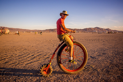 burning man - velocipede with off-road tires, bicycle, bike, hat, man, riding, tires, velocipede