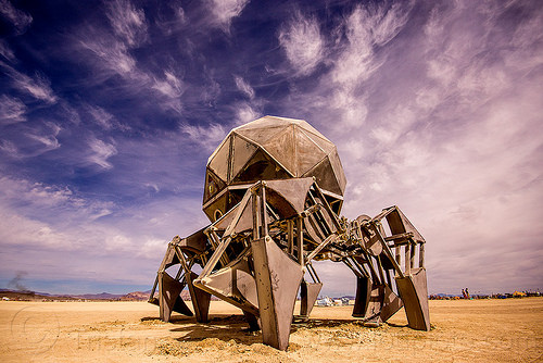 burning man - walking pod - giant mechanical spider - mutant vehicle, articulated, burning man art cars, clouds, mechanical spider, motorized spider, mutant vehicles, robot, scott parenteau, walking machine, walking pod art car