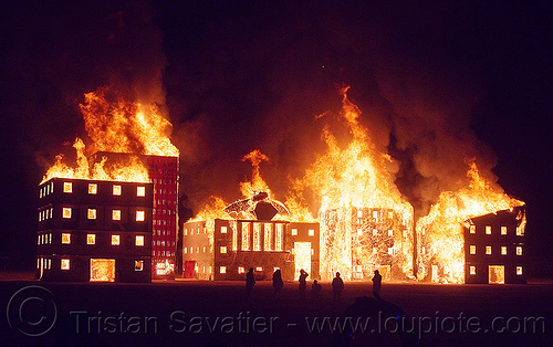 burning man - wall street fire, buildings, burning man at night, city, fire, frogbat, wall street