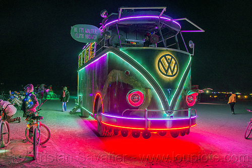 burning man - walter - giant vw bus, art car, burning man art cars, burning man at night, glowing, minibus, mutant vehicles, project walter, riesenbus, volks wagen, vw bus, walter the bus