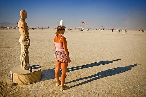 burning man - watching the horizon, art installation, bunny ears, horizon, man, sculpture, statue, woman
