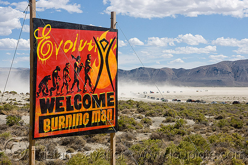 burning man - welcome - entrance sign, arrival, cars, entrance, evolution, road, sign, welcome