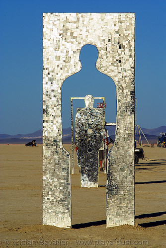 burning man - who are you now?, art installation, mirrors, mosaic, sculpture, silhouette