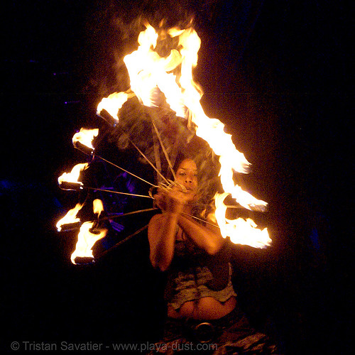 burning man - woman dancing with fire fans, burning man at night, fire dancer, fire dancing, fire fans, fire performer, fire spinning, woman