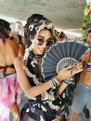 burning man - woman in black costume, with fan, attire, burning man outfit, costume, fan, fashion, sunglasses, woman