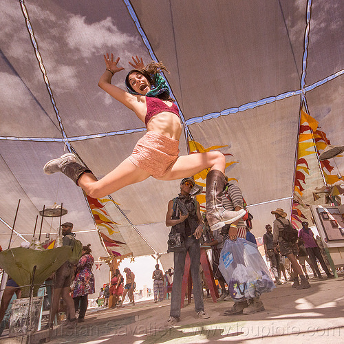 burning man - woman jumping at center camp, boots, britt, jump, jumpshot, woman