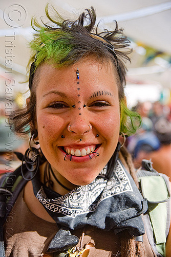 burning man - woman with bindis and green hair, bandana, bindis, gauged ears, green hair, piercing, sky nebeulah, woman