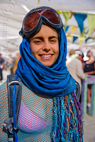 burning man - woman with goggles at the center camp cafe, attire, blue, burning man outfit, goggles, woman